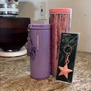Starbucks Purple Star Tumbler, pink tumbler and Pink Star stopper Keychain